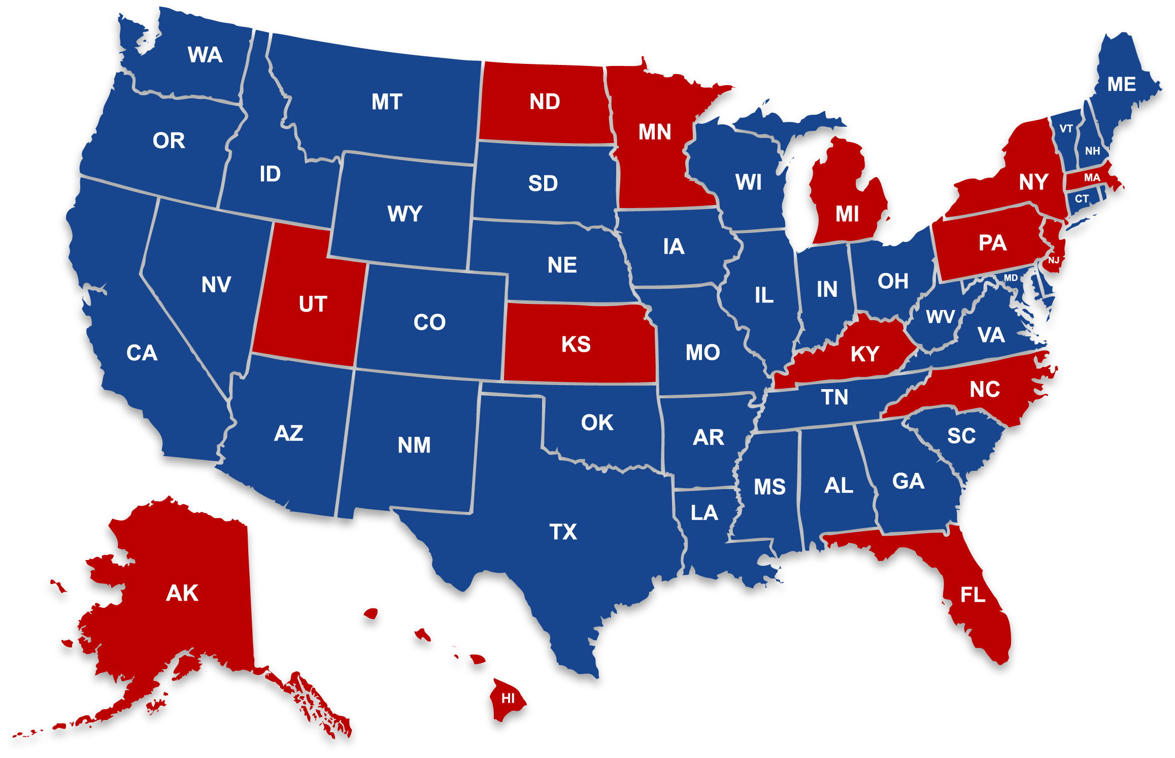 US Map showing coverage exceptions