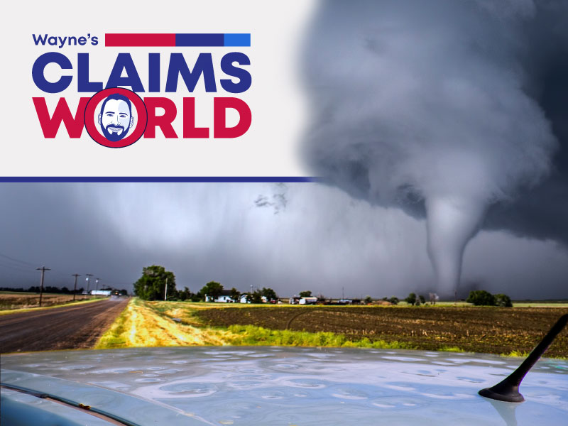 Wayne’s Claims World logo, photos of a tornado and hail damage on a car.