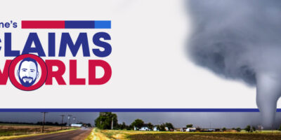 Wayne’s Claims World logo, photo of a tornado.