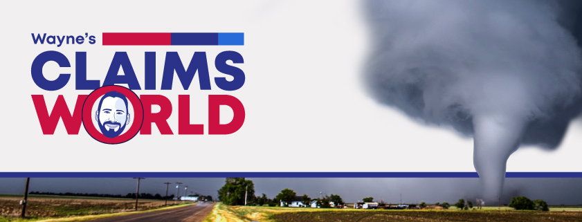 Wayne’s Claims World logo, photo of a tornado.