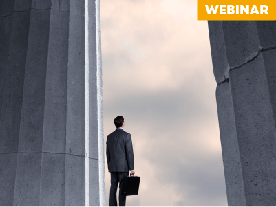 Man looking at sky from courthouse with text: Webinar