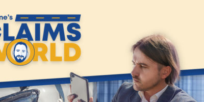 Wayne’s Claims World logo, A man in a suit using his phone to take a photo of a damaged car.