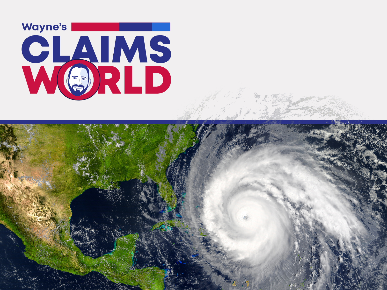 Wayne's Claims World Logo and satellite image of hurricane