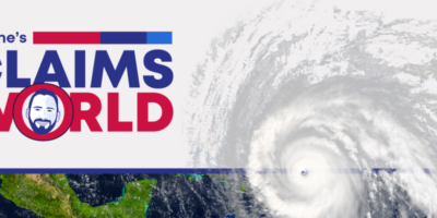 Wayne's Claims World Logo and satellite image of hurricane