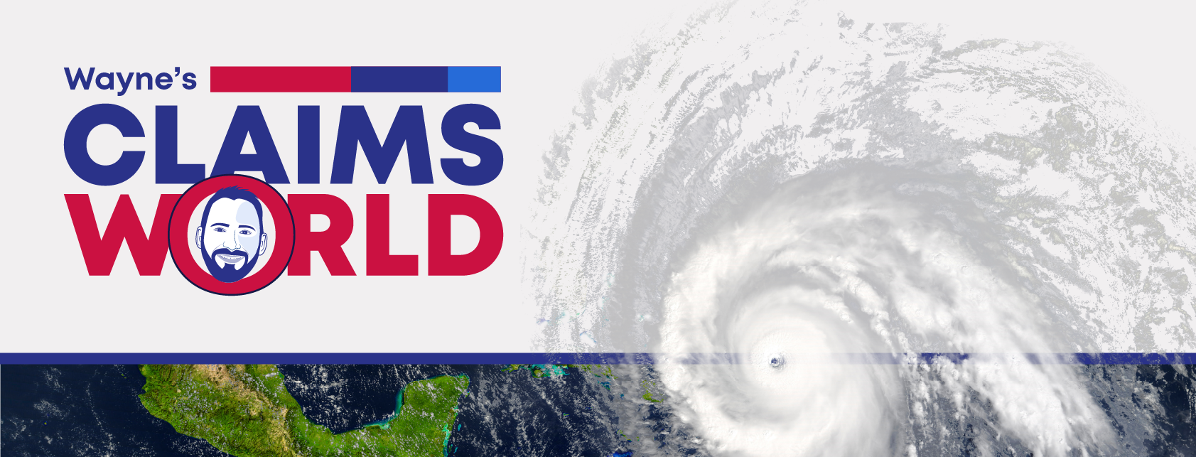 Wayne's Claims World Logo and satellite image of hurricane