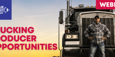 Driver standing in front of semi with text: Webinar - Trucking Producer Opportunities TTI Logo