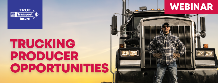 Driver standing in front of semi with text: Webinar - Trucking Producer Opportunities TTI Logo