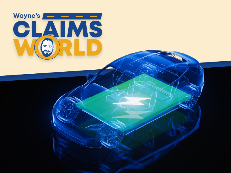 Wayne’s Claims World logo, image of an electric car