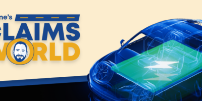 Wayne’s Claims World logo, image of an electric car