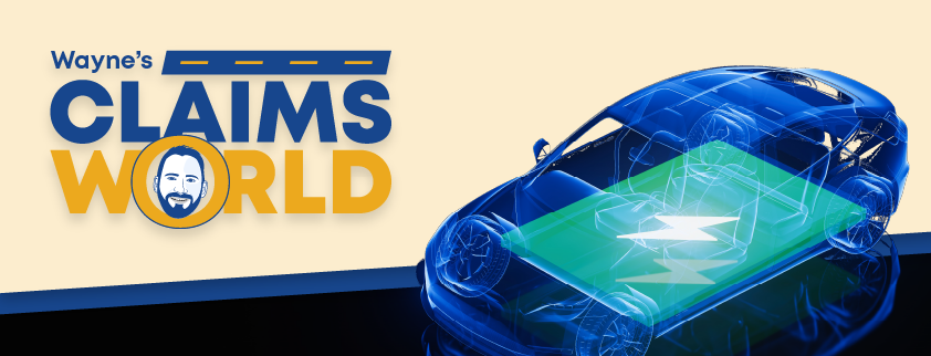 Wayne’s Claims World logo, image of an electric car