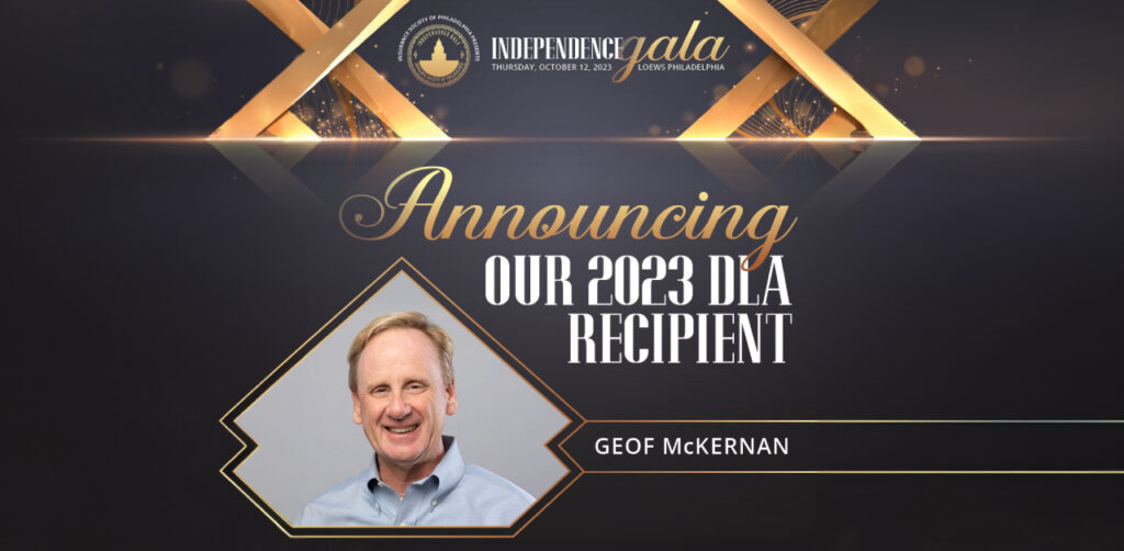 Art deco style graphic in gold and gray with headshot of Geof McKernan and the Independence Gala logo with text that reads: Announcing our 2023 DLA recipient: Geof McKernan.