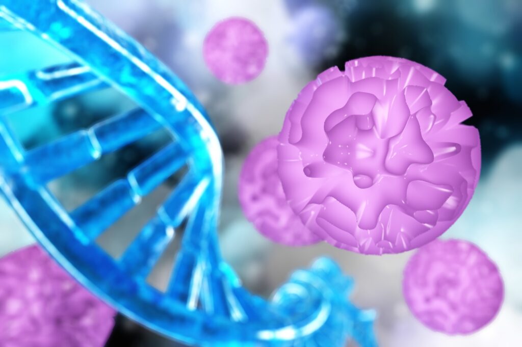 Digital render of cells and DNA strand