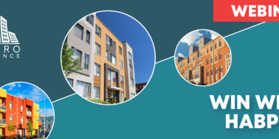 Image collage of 3 apartment/condo buildings with HabPro logo and text saying: Webinar, Win with HabPro