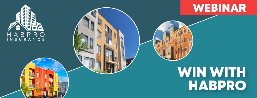 Image collage of 3 apartment/condo buildings with HabPro logo and text saying: Webinar, Win with HabPro