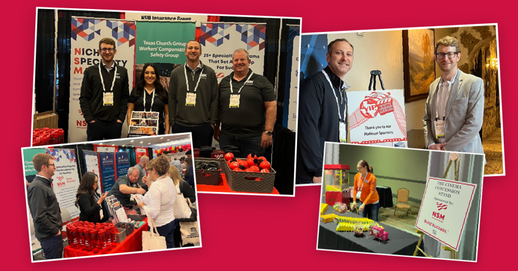 Collage of conference photos, including group picture at booth, handing giveaways to attendees and movie-themed event