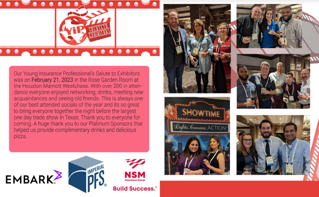 Collage of conference photos, including group picture at booth, handing giveaways to attendees and movie-themed event