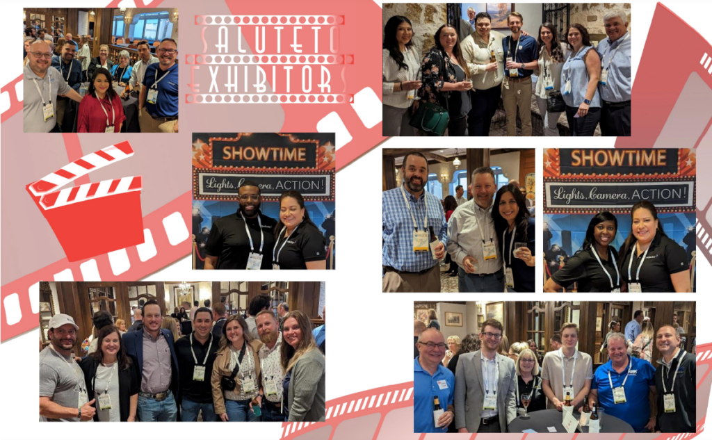 Collage of conference photos, including group picture at booth, handing giveaways to attendees and movie-themed event