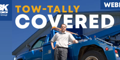 Tow truck driver standing by truck with text: KBK Totally Covered Webinar