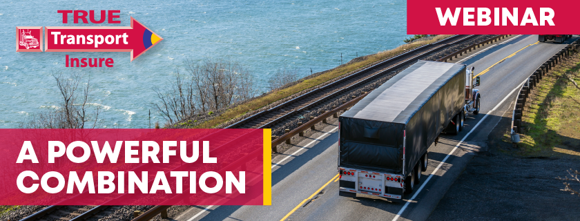 Image of tractor trailer driving on highway next to river with TTI logo and text: Webinar, A Powerful Combination