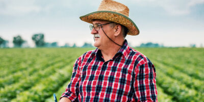 farmer looking out at crops