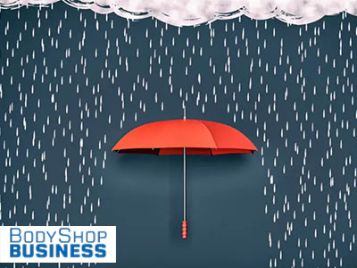 Image showing a red umbrella blocking rain with the Body Shop Business logo in the bottom left corner