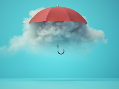 Red umbrella with clouds underneath & rough notes logo